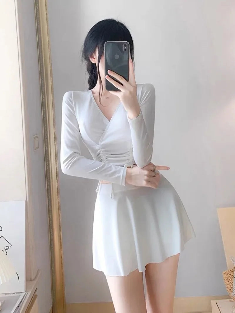 Sexy Korean Fashion Conservative Swimsuit Two Pieces Long Sleeve Cross Crop Tops with Pantskirt Bikinis Padded Swimwear Biquini