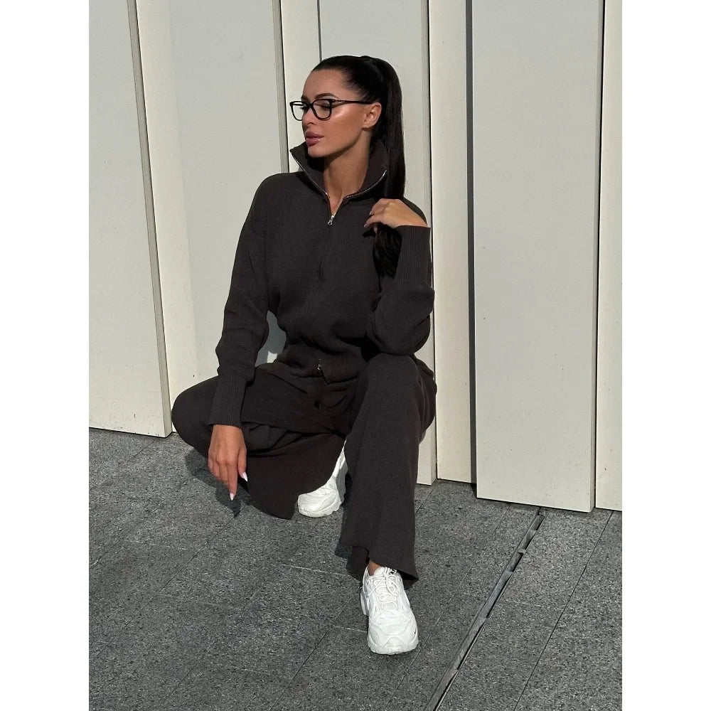 Women Lazy Style Knit Two Piece Set Autumn Winter Open Cardigan Sweater Casual Matching Outfit Ladies Cozy