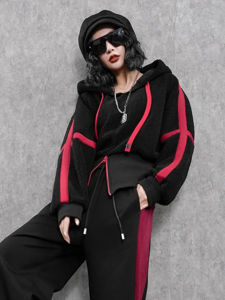 AmaxluluE Korean Winter Fashion Loose Hoodies Womens Vintage Striped Sweatshirts Ladies Classic Leisure Punk Hooded Fur Clothes