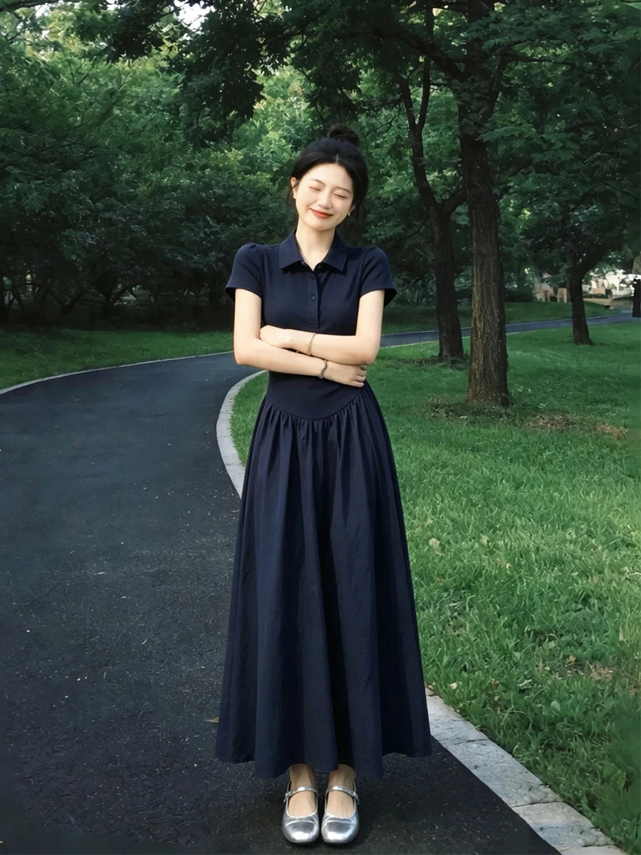 Hebe Style Collar Dress Women's A-Line Long Dress Slimming Waist Design Summer 2026 Fashion Elegant Versatile Short Sleeve