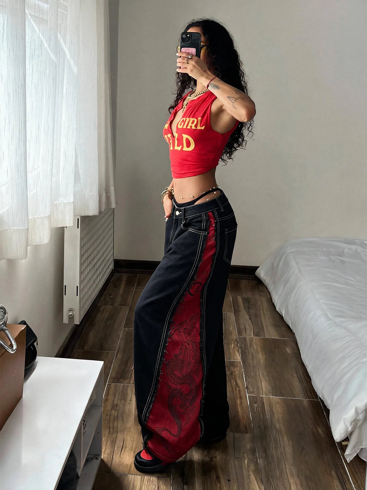Jeans High Street Retro Black and Red Color-Blocked Print Design Black Baggy Jeans Y2K Street Fashion Versatile Women's Slimming Wide-Leg Pants