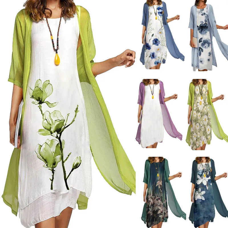 2025! EU-US Summer Women's Casual Elegance 2 Printed Crew-Neck Loose Dress Sweater Coat Set