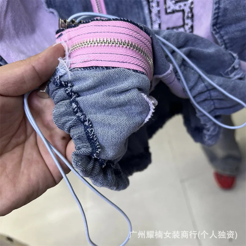 Color Block Patchwork Zip Up Hooded Loose Long Sleeves Denim Jacket Ladies Elastic Waist Wide Leg Pants Casual 2pcs Matching Set