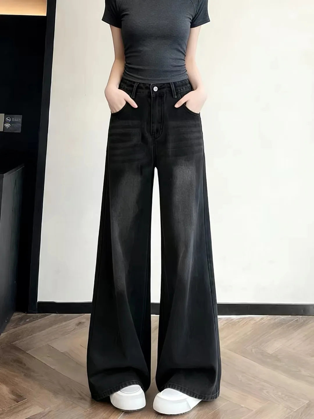 Jeans High Waist Straight Leg Denim Jeans plus Size Vintage Black Women's Fashion Autumn Loose Slimming Wide Leg Pants