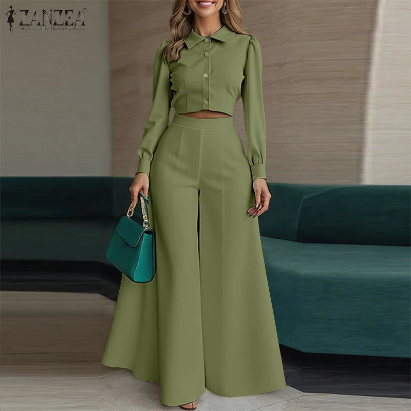 ZANZEA Elegant Women 2-Piece Pant Sets Long Sleeve Cropped Top & Wide Leg Pant Matching Sets Autumn Minimalist OL Work Co-ords