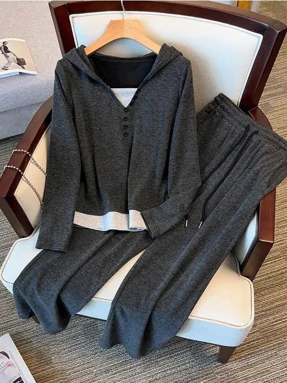 Casual Hooded Fake Two-Piece Sweatshirt Set Fashionable Slimming Wide Leg Pants Spring Autumn Arrival Women's Ensemble