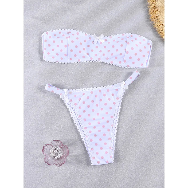 Swimsuit 2026 White Dot Print Bikini Bow Swimwear Bandeau Bikinis Low Waist Beachwear Cute Bathing Suit Holiday Swimsuits