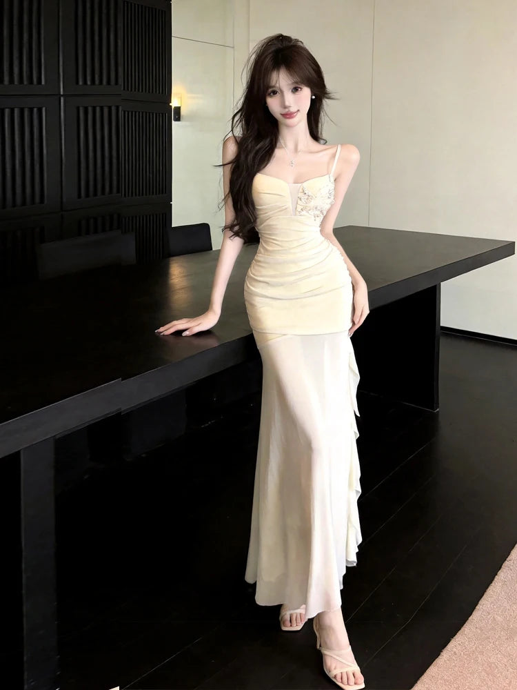 Elegant High-Waisted Asymmetrical Hem Gown with Lace Flowers And Pleats Sleeveless Bodycon Dress for Young Women Summer Casua...