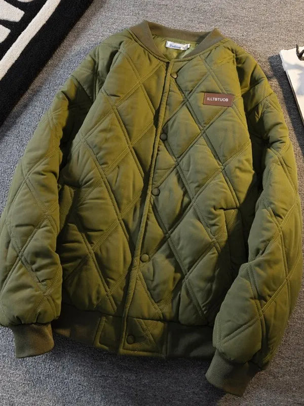 Coat Thickened Cotton Pilot Jacket Autumn Winter Style Unisex Diamond Grid Design Warmth Baseball Collar Short Length Coat