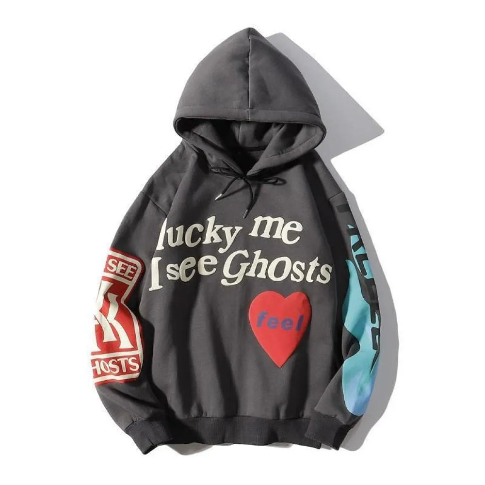 Lucky Me I See Ghosts Vintage Graphic Hoodies Graffiti Hoodie Cotton Pullover Foaming Technology