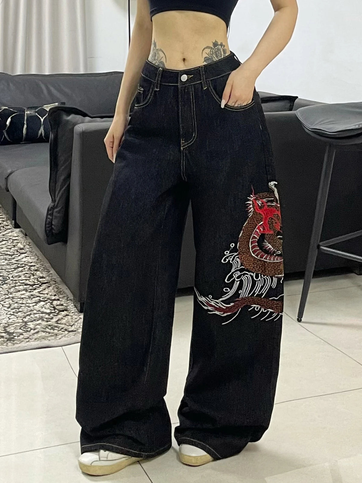 1PC High Street Heavy Industry Dragon Pattern Embroidery Loose Jeans for Women, Retro Fashion Versatile Black Wide Leg Pants