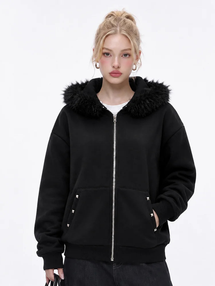 Women Oversized Zip Up Aesthetics Hoodie Winter Faux Fur Hooded Sweatshirt Y2K Streetwear Casual Warm Hoodie