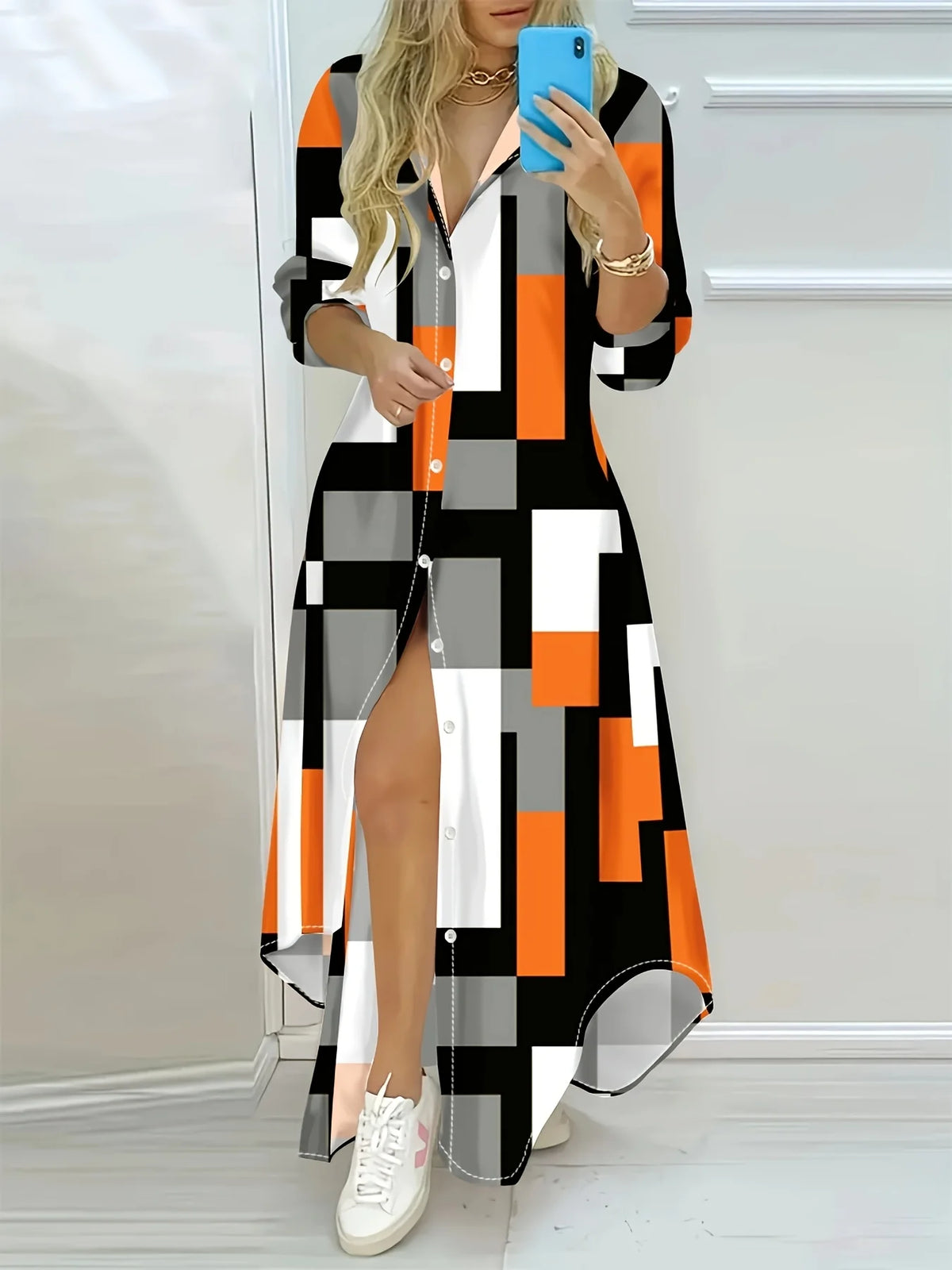 Women Long Sleeve Dress Vacation Style Orange Gray Black White Geometric Print A Line Midi Dress Casual Summer Fall Fashion