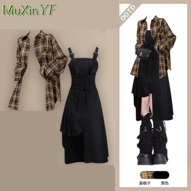 Women Summer/Autumn Fashion Plaid Shirt+Sexy Irregular Dress Matching Set Korean Elegant Cardigan Strip Skirt Two Piece Suit