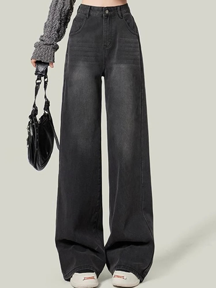 2024 Woman Korean High Waist Jeans Lady Slim Fit Loose Denim Wide Leg Pants Girls Black Gray High Street Straight Leg Trousers