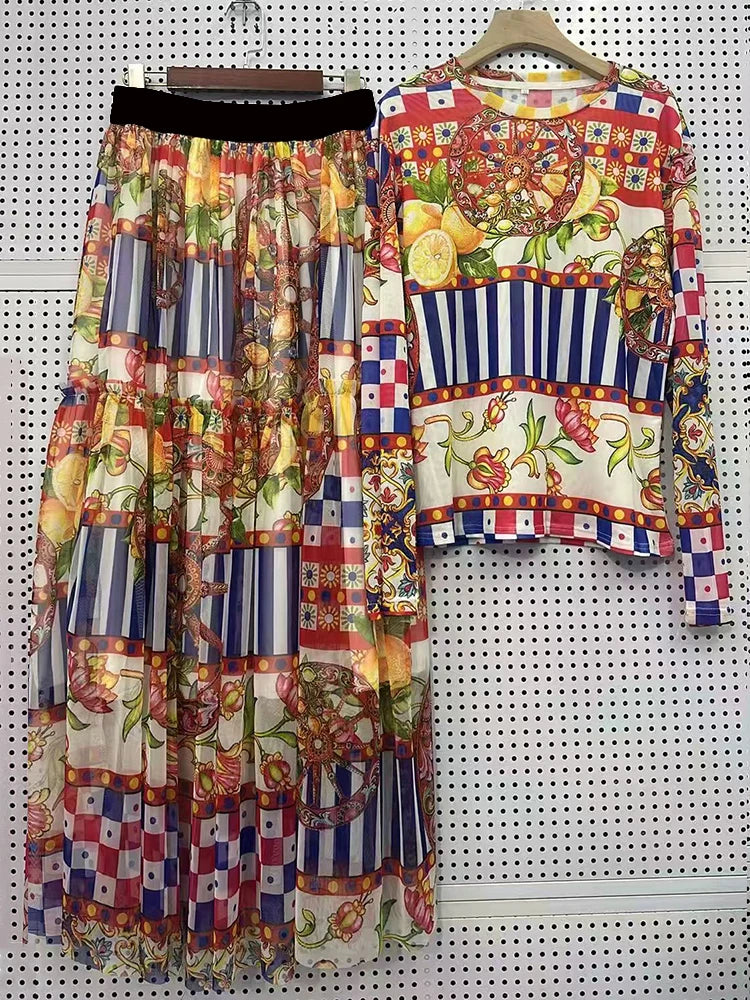 Set Retro geometric print knitted mesh long-sleeved T-shirt two-piece set 2026 autumn women's wear + shirring loose skirt suit