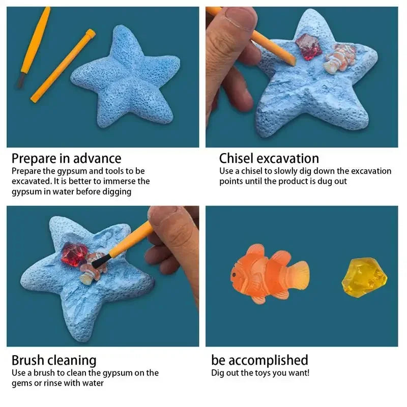 Archaeological Excavation Puzzle Toy Starfish Marine Life Dinosaur Fossil Gemstone Excavation Kit Includes 12 Real Gemstones