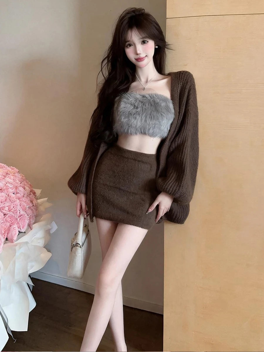 Pure Desire Sexy Girl Plush Wrap Chest Sweater Cardigan Outerwear Short Skirt Three Piece Set Women's Fashion Slim Fit Ensemble