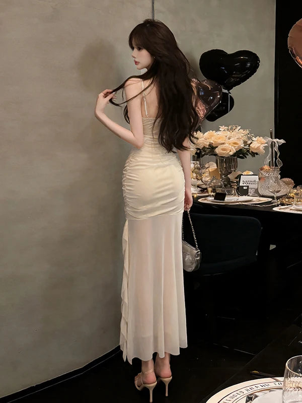 Elegant High-Waisted Asymmetrical Hem Gown with Lace Flowers And Pleats Sleeveless Bodycon Dress for Young Women Summer Casua...