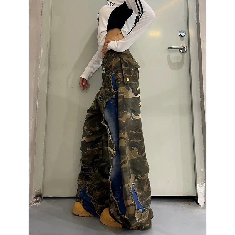 American Style Vintage Street Style Camouflage Patchwork Women's Jeans With Casual Frayed Edges Wide Leg Pants Autumn