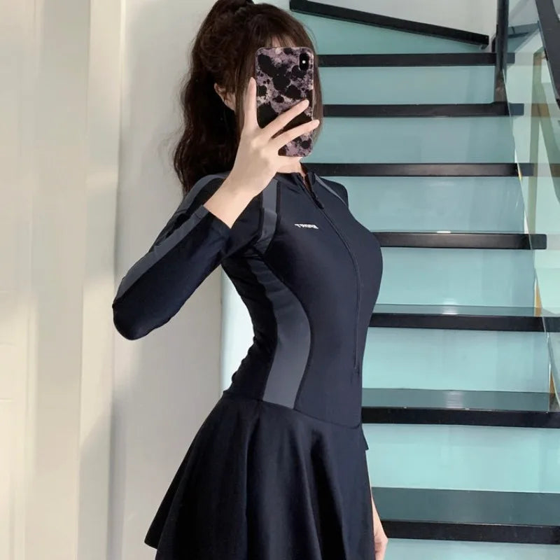 Women's Front Zip Skirted One-Piece Swimsuit Long Sleeve Color Block Rash Guard Tummy Control Bathing Suit for Swimming