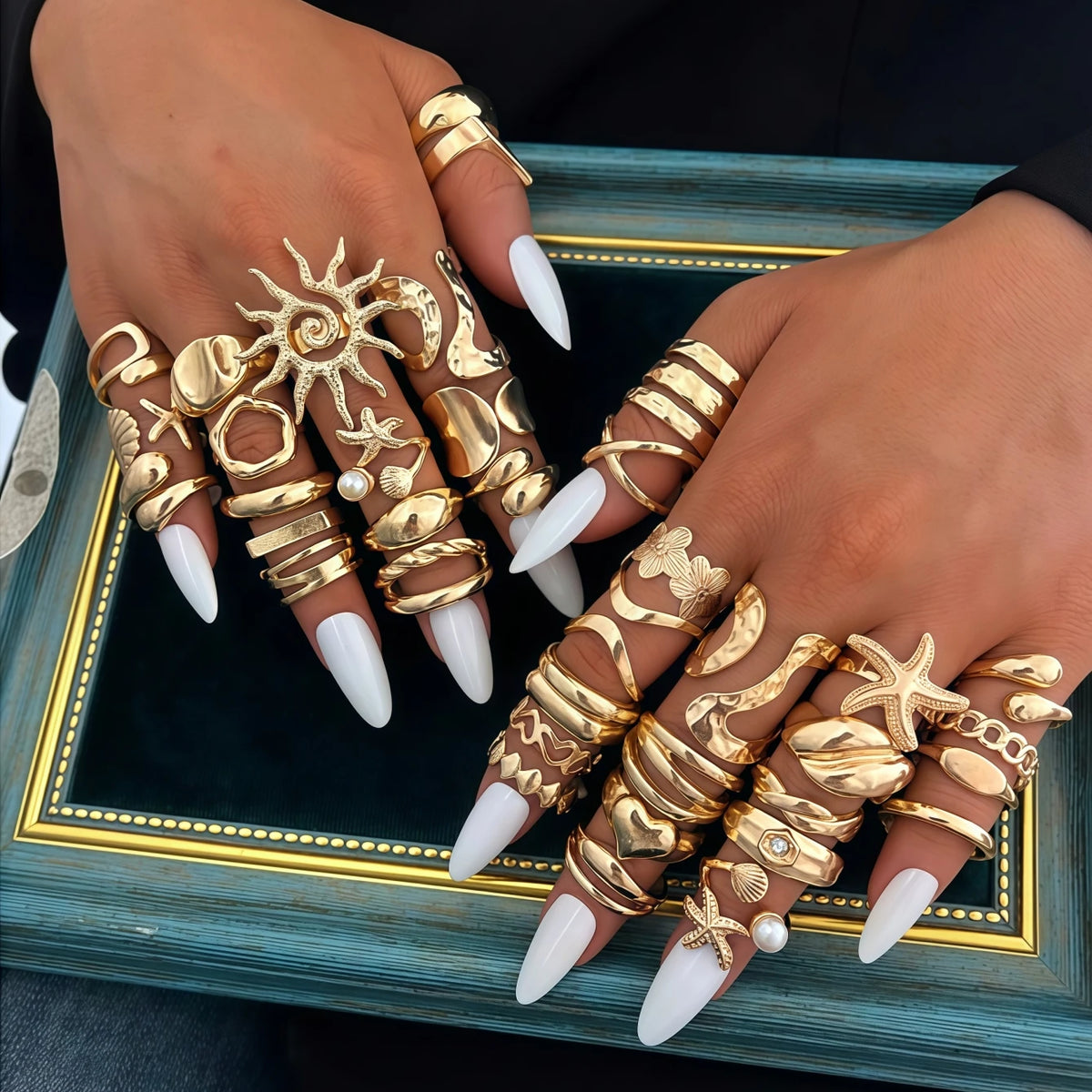 6/8/12/24/36/48/100Pieces Fashion Flowers Sun Geometry Open Rings Set For Women Mix Style Trendy Daily Jewelry Party Gifts