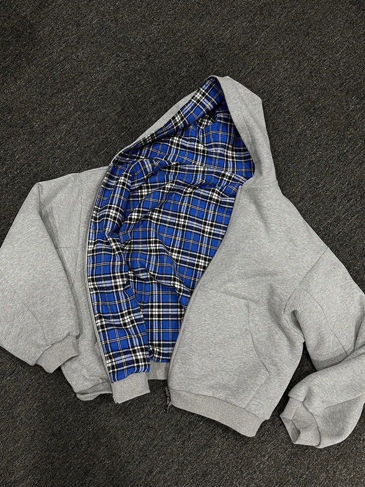 Korean Fashion Double Side Wear Plaid Hoodies Women Autumn Winter Zip Up Y2K Hooded Shirt Coats Trendy Female Loose Sweatshirts