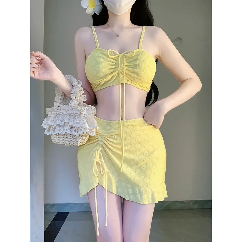 Sweet Girl Swimsuit Three Piece Bikini Long Sleeved Cover Up Skirt Style Spicy Girl Sexy Slimming Hot Spring Swimsuit