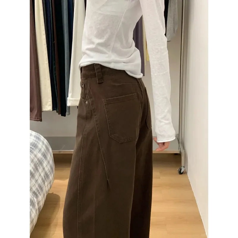 Y2K Women Coffee Brown Wide Leg Curved Jeans 2026 Fall Loose Casual Slim Floor Drape Denim Pants