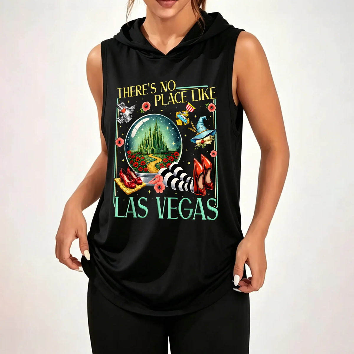 Women Sleeveless Hooded Tank Top Magic Crystal Ball "There's No Place Like Las Vegas" Graphic Print Vest Casual Loose Sleeveless Hoodie Daily Wear Hood Tank Tops