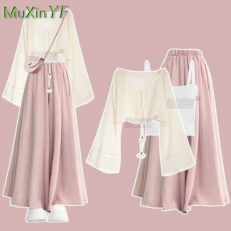 Women 2026 Summer Chiffon Sunscreen Shirt+Strap+Loose Skirt Pants 3-Piece Suit Korean Elegant Casual Tracksuit Matching Set