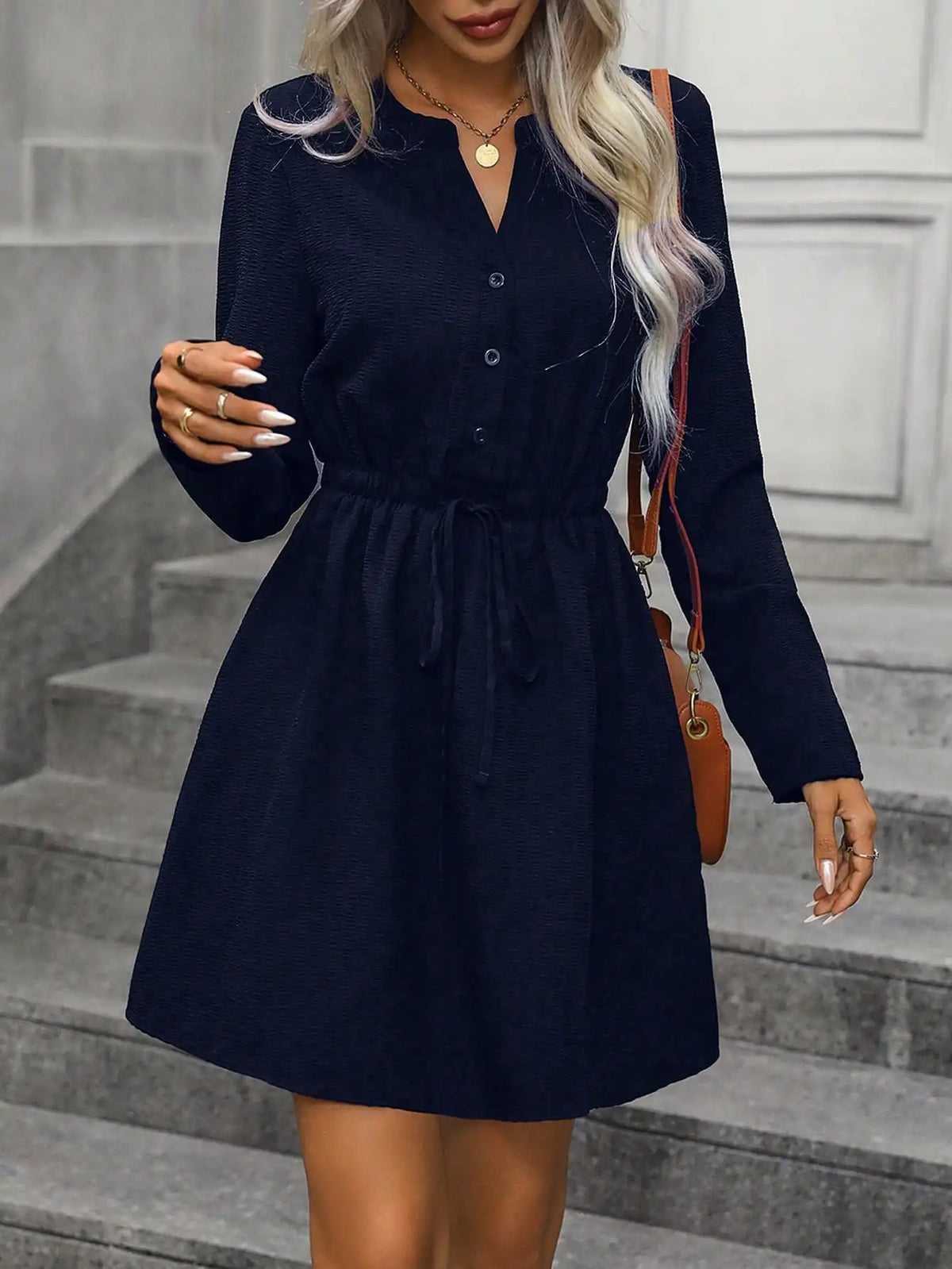 Women's Navy Blue Drawstring Waist Dress, Casual Long Sleeve Button Down Shirt Dress, V-Neck A-Line Mini Dress For Ladies