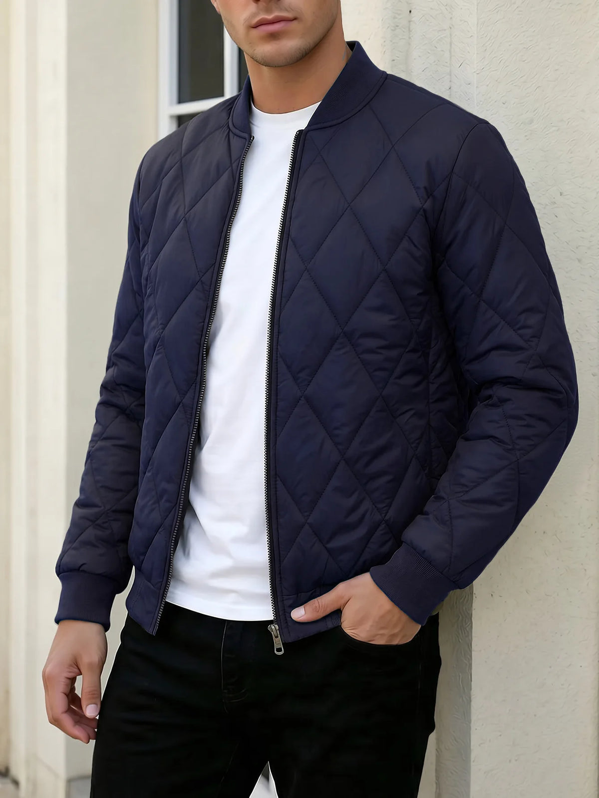 Lightweight Men Diamond Quilted Er Jacket Zip Up Baseball Collar Casual Windproof Padded Coat For Autumn Winter
