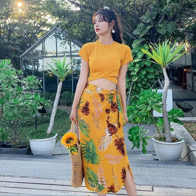 Tropical Two Piece Swimsuit Set with Yellow Short Sleeve Crop Top Tropical Print Wrap Skirt Modest Swimwear for Beach Vacation