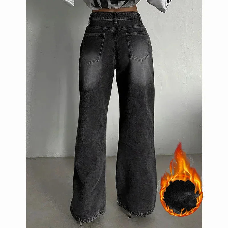 Winter Lady Plush Thermal High Waist Thin Jeans Girls Fleece Snow Warm Denim Pants Female Comfortable Straight Leg Trousers
