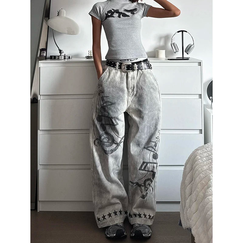 YIBASHU Women Baggy Jeans Y2k Japanese Streetwear Cyber Punk White Denim Pants Grunge Harajuku Cowboy 2000s Wide Fit American