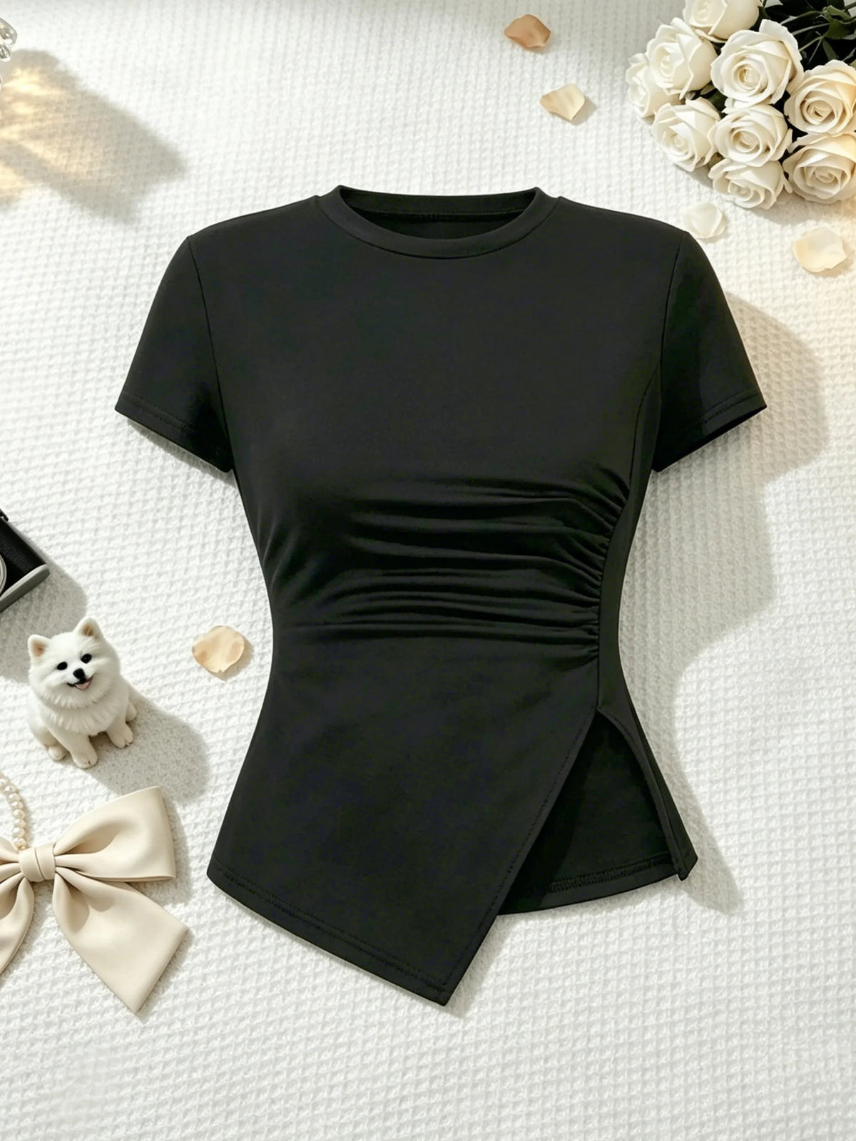 2 Pcs Women Crew Neck Side Ruched Split Hem Short Sleeve Tee High Waist Fold Over Side Drawstring Flared Pants Set Solid Black S
