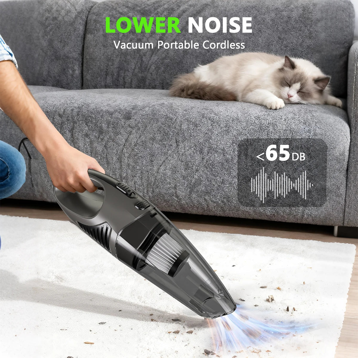 Portable Cordless Handheld Vacuum Cleaner, Rechargeable Type‑C Hand Vac with Multiple Nozzles, Low Noise Hand Vacuum for Car, Ho
