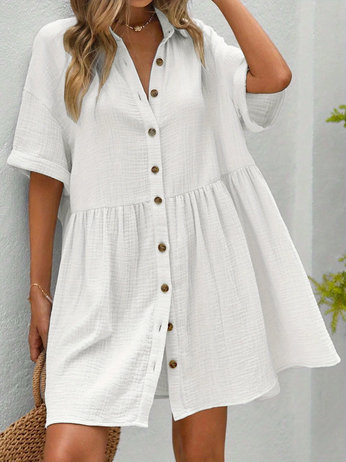 Women's 100% Cotton Button-Front Shirt Dress with Collar and Drop-Shoulder Short Sleeves – Loose, Casual, Knee-Length Style