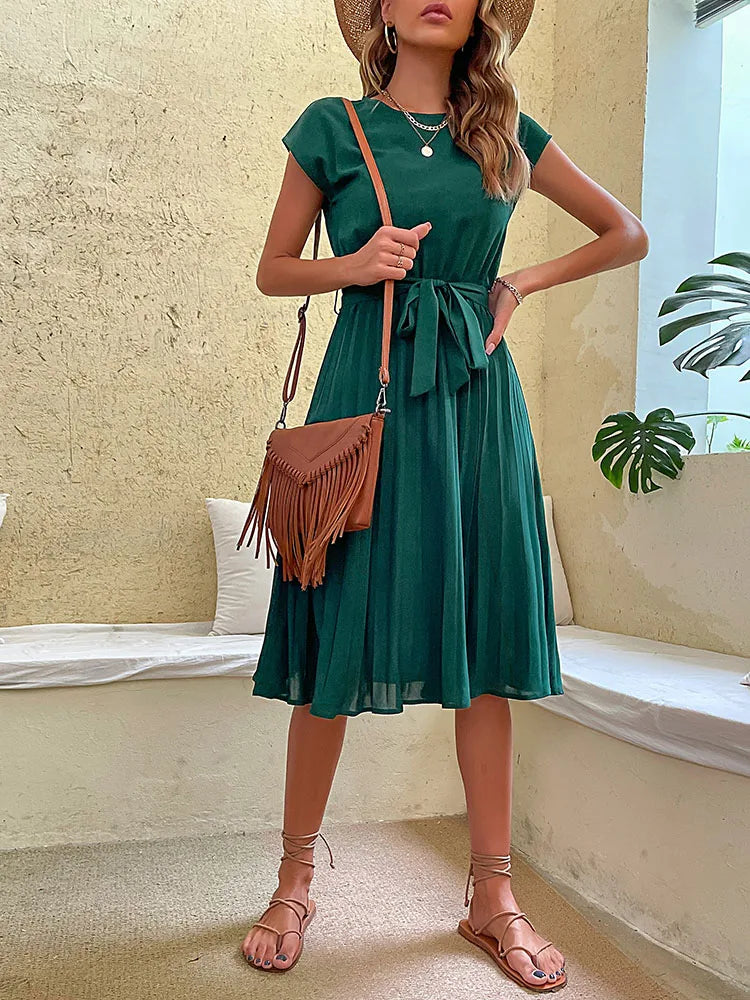 Casual Dress Pleated Elegant Women Summer Casual Beach Sundress Short Sleeve Pleated Midi Dress Soild Colour O Neck Tunic Dresses Fashion