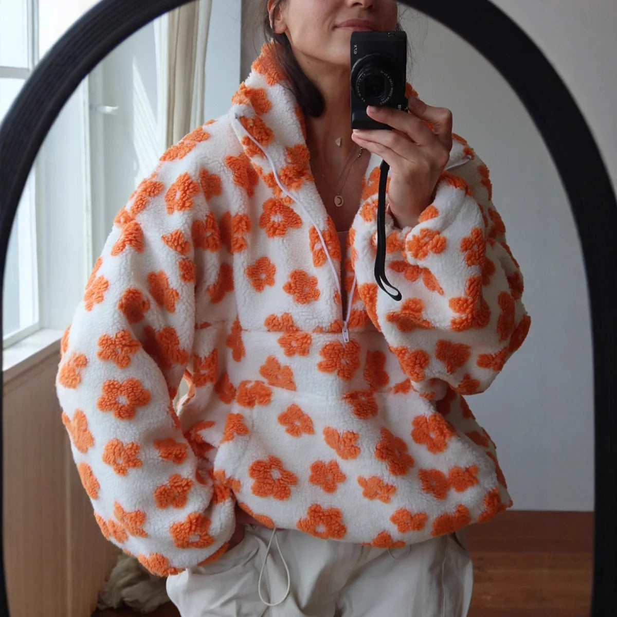 Autumn Winter Floral Print Fleece Sweatshirts Women Fashion Zip Up Lapel Loose Hoodies Warm Fur Drawstring Pullover Jackets