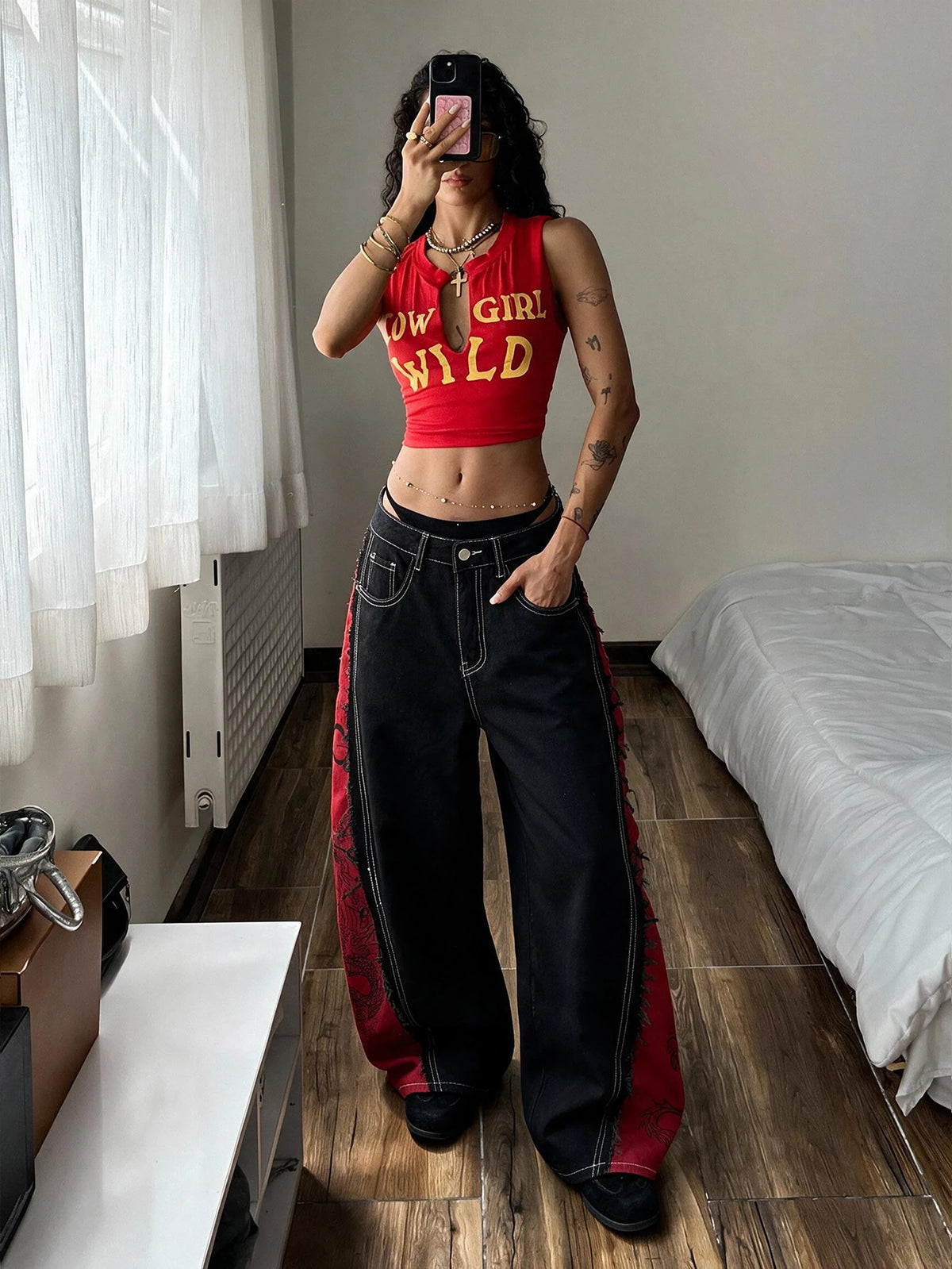 Jeans High Street Retro Black and Red Color-Blocked Print Design Black Baggy Jeans Y2K Street Fashion Versatile Women's Slimming Wide-Leg Pants