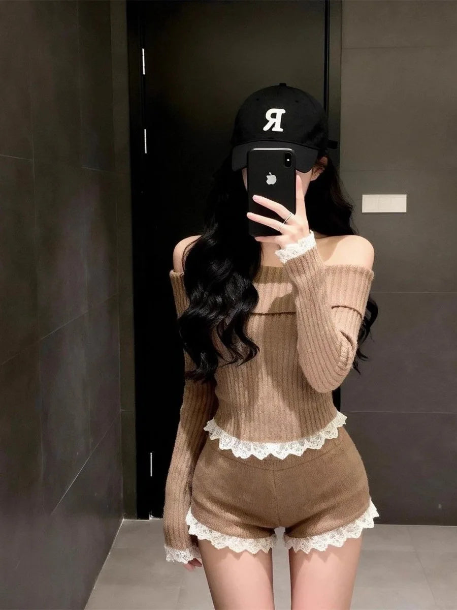 Sexy Retro One-Shoulder Knitted Sweater Two-Piece Set Short Style for Women Trendy Girl Outfit Autumn Winter Arrival