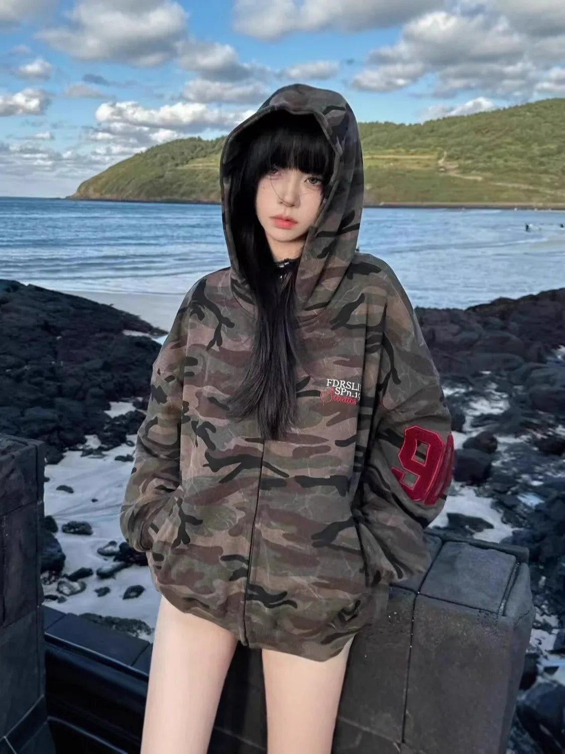 Women's Ins Korean Camo Letter Vintage American Preppy Hooded Cardigan — Versatile Fashion Hoodie