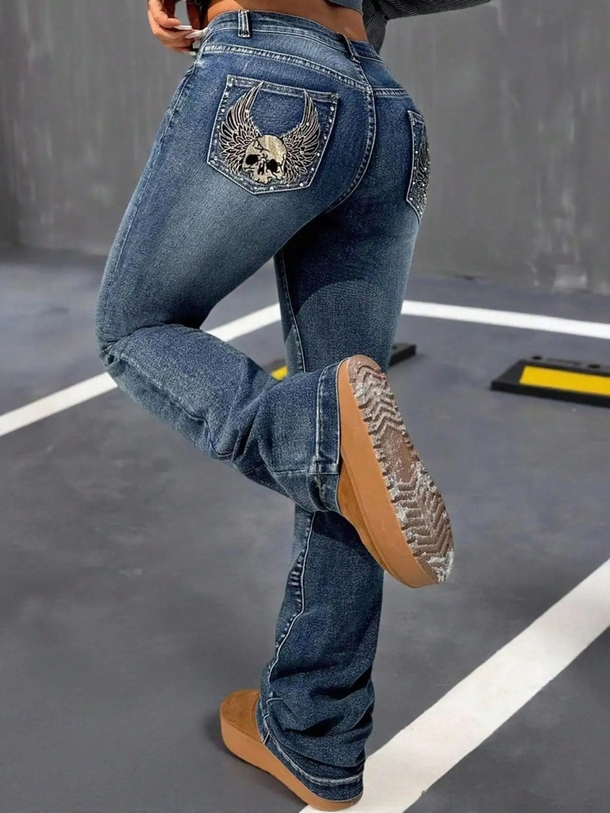 Women's Dark Washed Flare Jeans, Skull Head Rhinestone Embroidery, Fashionable Back Pocket Design, Stylish Denim Jeans