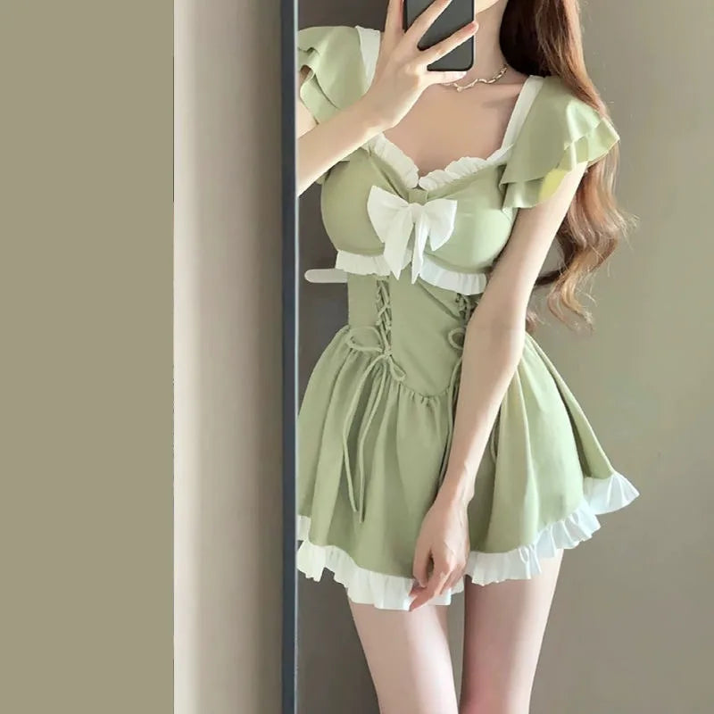 Women's One Piece Swimdress Light White Bow Ruffled Cap Sleeve Lace Up Waist Flared Skirt Summer Beach Bathing Suit Swimwear