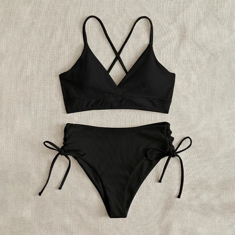 Solid Bikini Set Swimsuit Women V Neck Backless Lace Up High Cut Thong Split Bathing Suit 2025 Beach Swimwear 2 Piece Sets