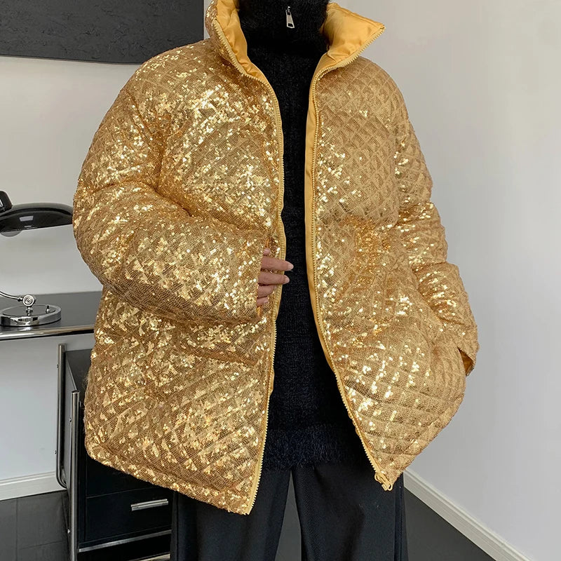 Winter Thickening Sequin Jacket Men's Warm Parka Men Fashion Casual Hooded Coat Man Streetwear Loose Hip Hop Coat