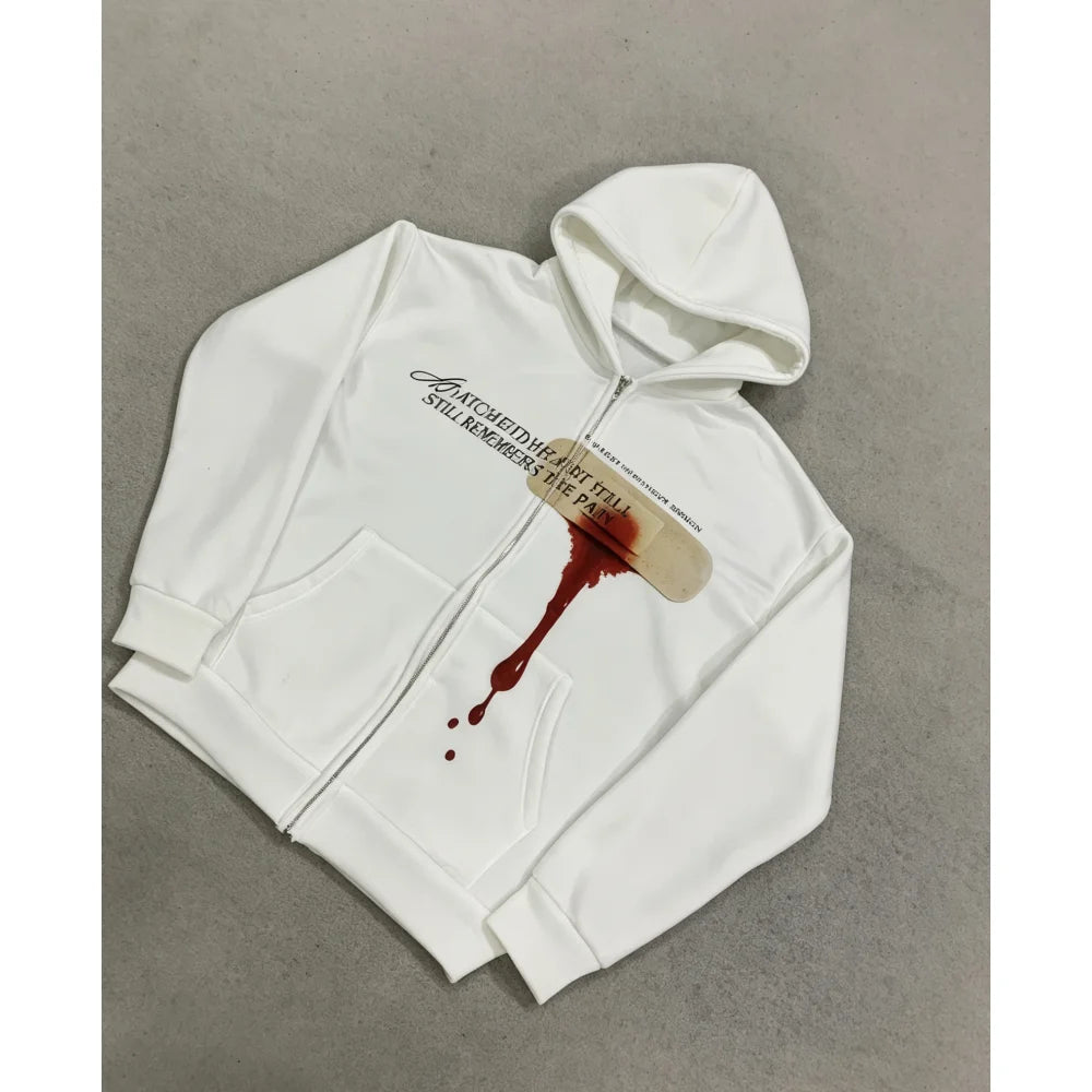 Y2K Gothic Zip Up Hoodie Unisex Bandage Blood Print Full Zipper Hooded Sweatshirt A Patched Heart Letter Oversized Streetwear