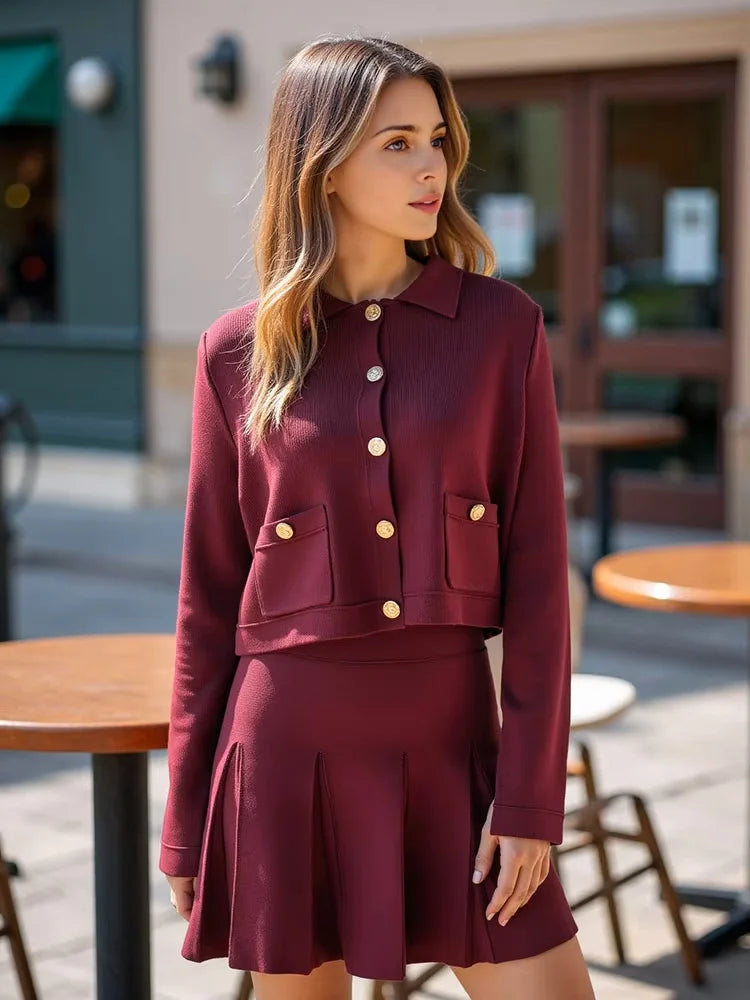 HH Elegant Women Knitted Red Skirts Suits Lapel Single Breasted Long Sleeve Cardigan Elastic Waist Mini Skirt Casual Party Sets
